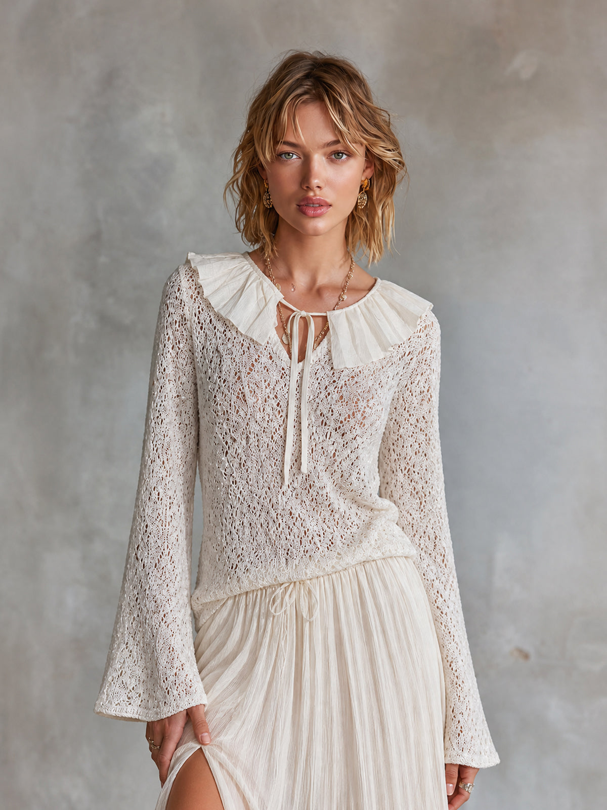 Chic Romantic Cream V-Neck Patchwork Ruffle Collar Tie Detail Long Flare Sleeve Loose-Fit Hollow Knit Sweater Top