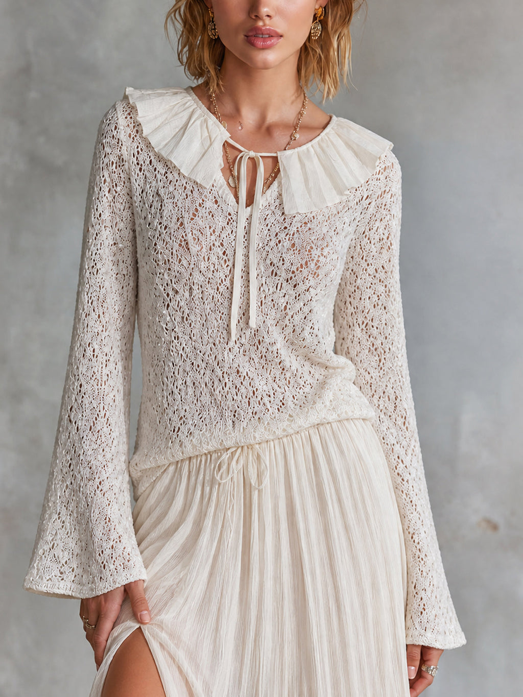 Chic Romantic Cream V-Neck Patchwork Ruffle Collar Tie Detail Long Flare Sleeve Loose-Fit Hollow Knit Sweater Top