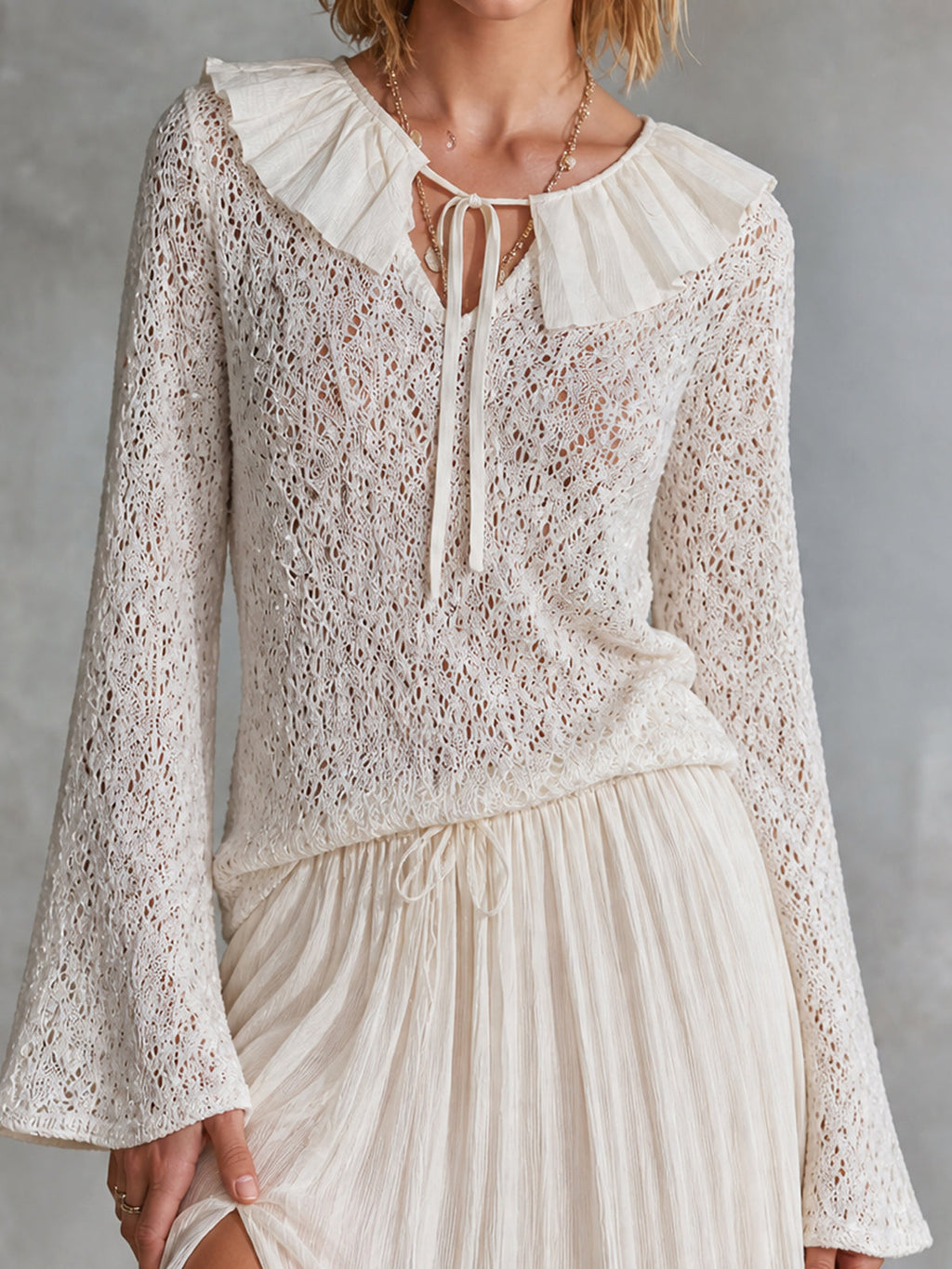 Chic Romantic Cream V-Neck Patchwork Ruffle Collar Tie Detail Long Flare Sleeve Loose-Fit Hollow Knit Sweater Top
