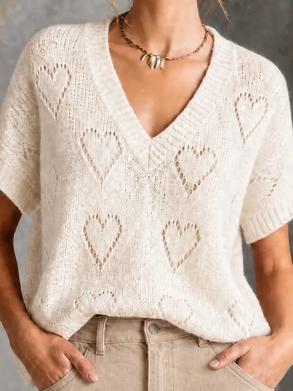 Chic Casual White V-Neck Heart Pointelle Ope Short-Sleev Loose-Fit Knit Sweater Top