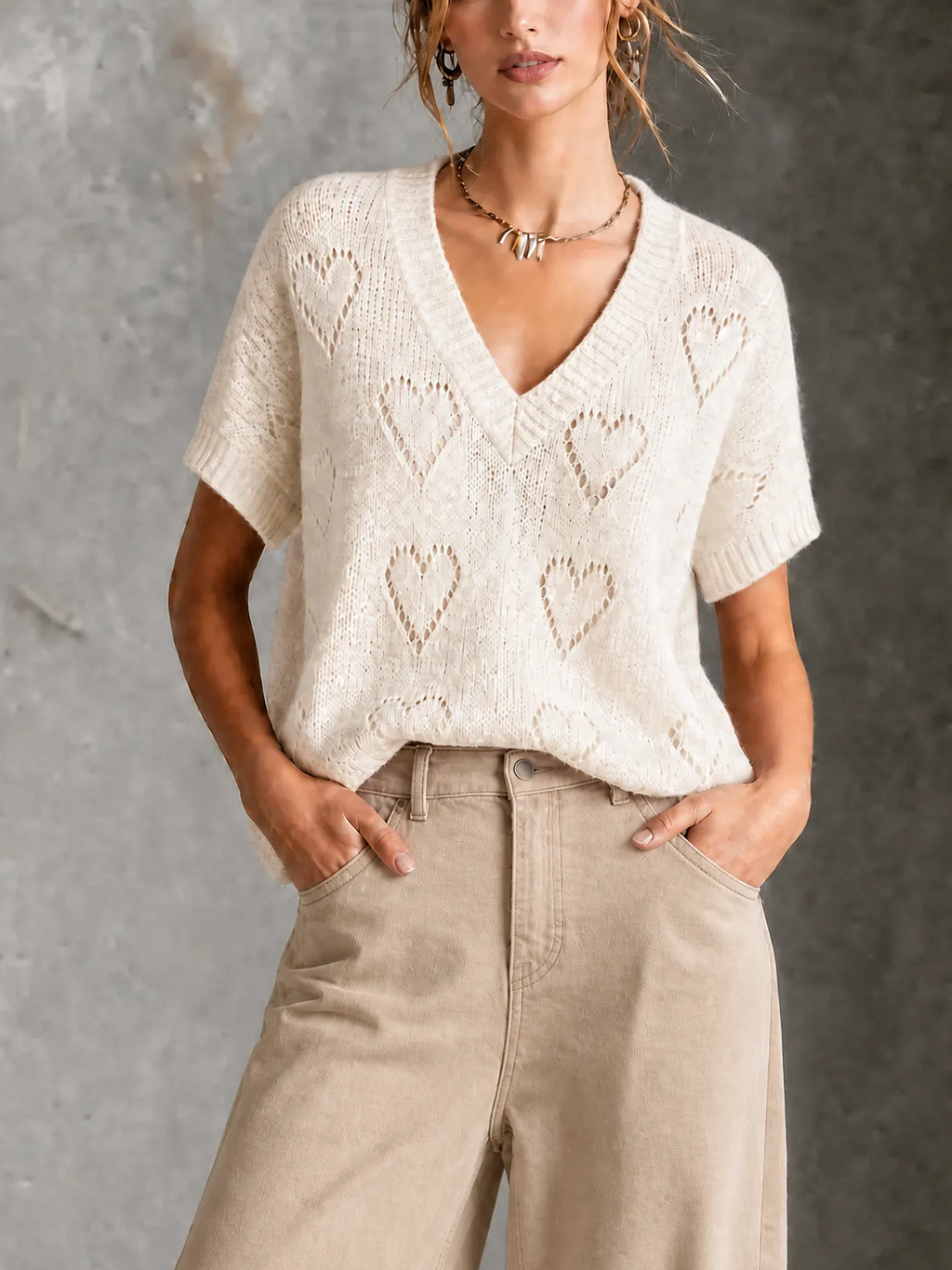 Chic Casual White V-Neck Heart Pointelle Ope Short-Sleev Loose-Fit Knit Sweater Top