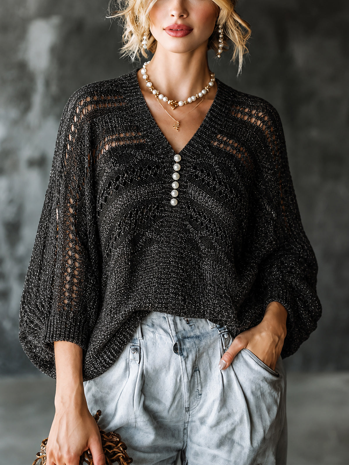 Chic Elegant Black-Silver Melange V-Neck Pearl Button Detail Three-Quarter Batwing Sleeve Loose-Fit Hollow Knit Sweater Top