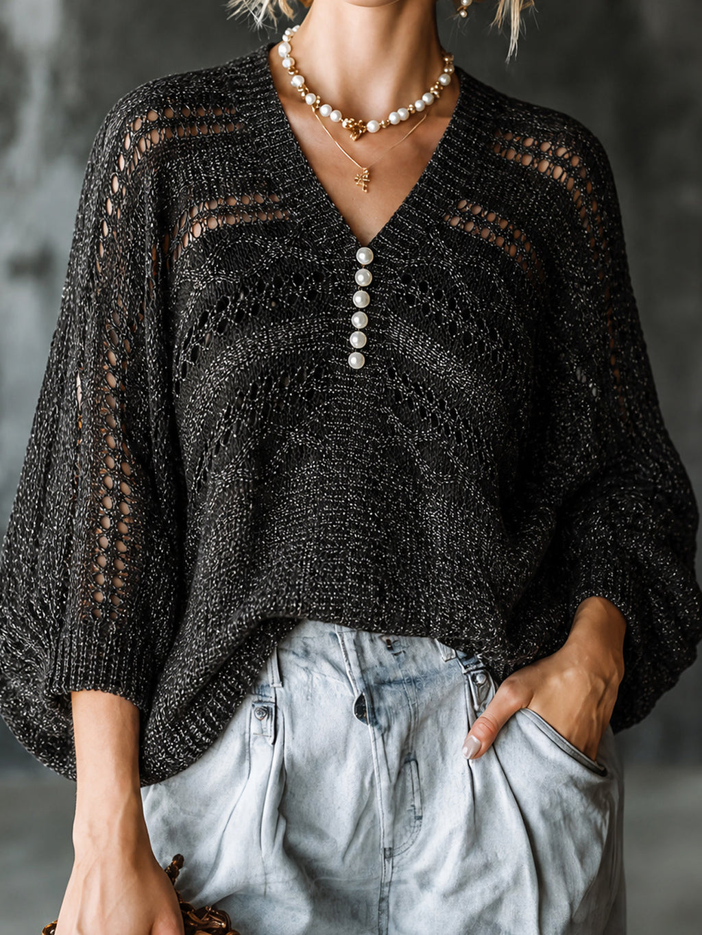 Chic Elegant Black-Silver Melange V-Neck Pearl Button Detail Three-Quarter Batwing Sleeve Loose-Fit Hollow Knit Sweater Top