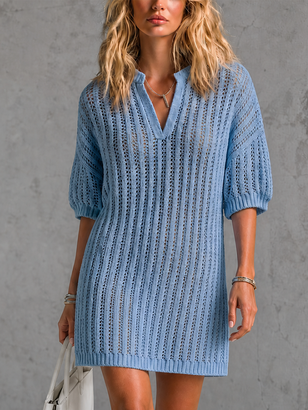 Chic Elegant Blue Stand Collar V Neck Hollow-Out Half-Sleeve Loose-Fit Knit Mini Dress