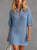 Chic Elegant Blue Stand Collar V Neck Hollow-Out Half-Sleeve Loose-Fit Knit Mini Dress