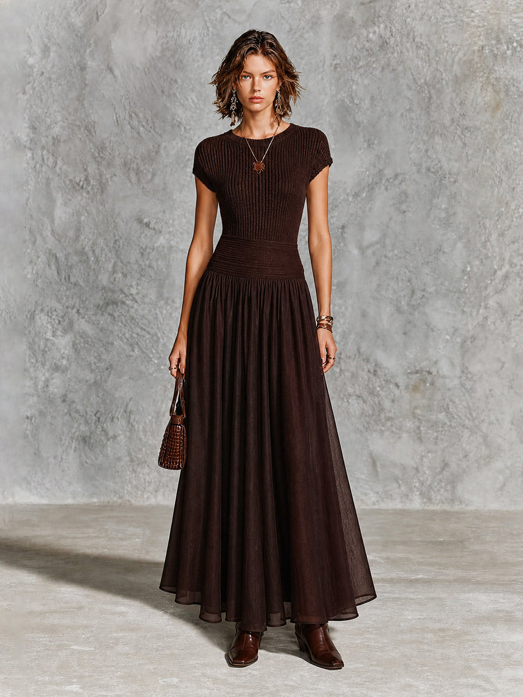 Chic Dark Brown Round Neck Cap Sleeve Patchwork Chiffon A-Line Slim-Fit Rib Knit Maxi Dress
