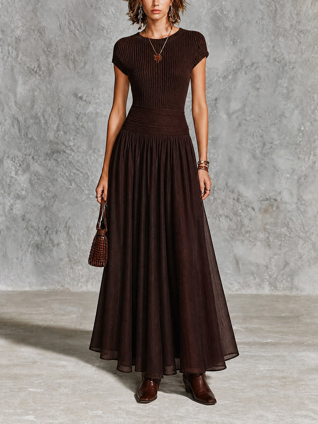 Chic Dark Brown Round Neck Cap Sleeve Patchwork Chiffon A-Line Slim-Fit Rib Knit Maxi Dress