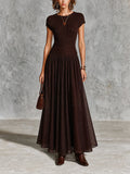 Chic Dark Brown Round Neck Cap Sleeve Patchwork Chiffon A-Line Slim-Fit Rib Knit Maxi Dress