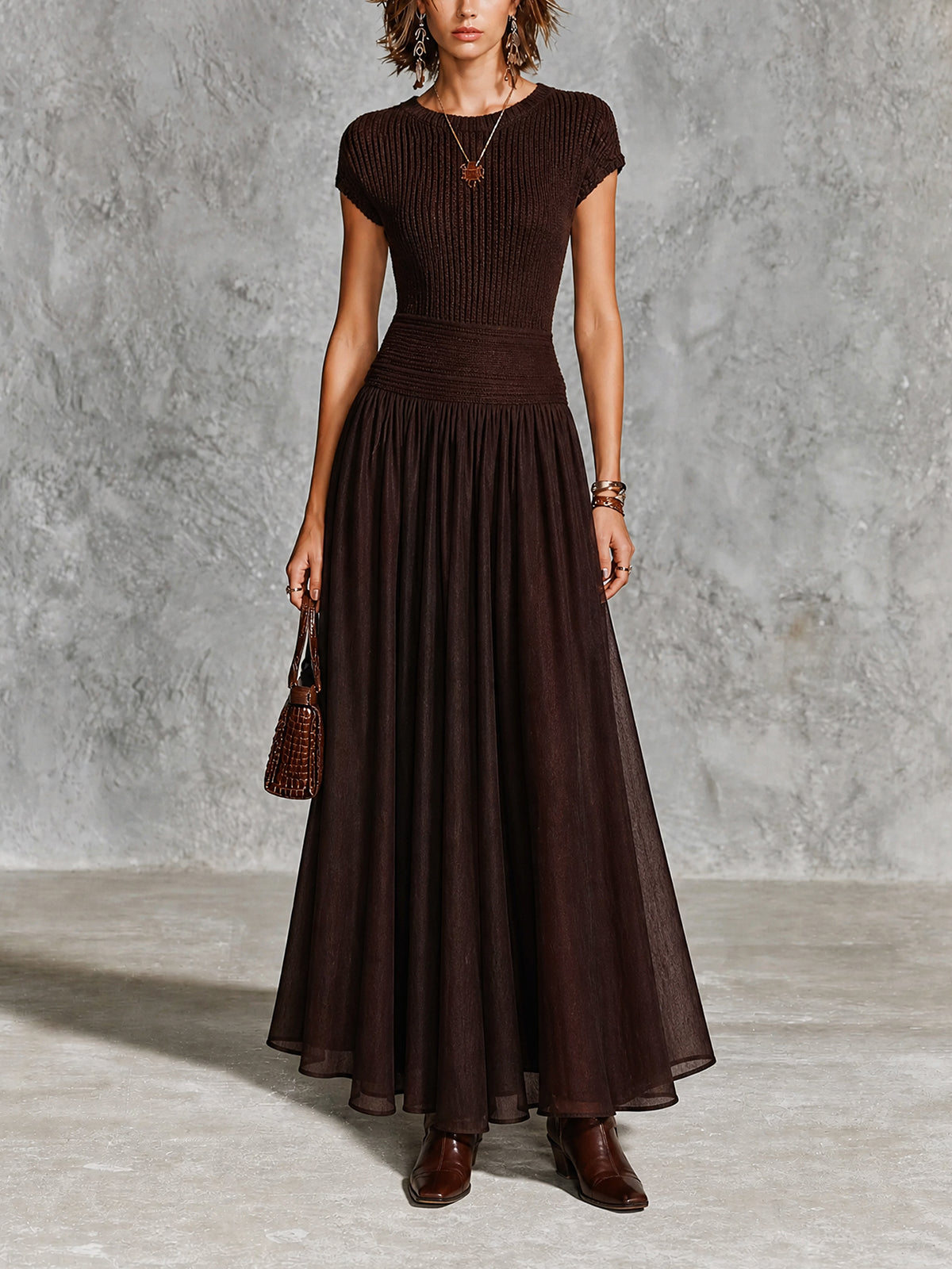 Chic Dark Brown Round Neck Cap Sleeve Patchwork Chiffon A-Line Slim-Fit Rib Knit Maxi Dress