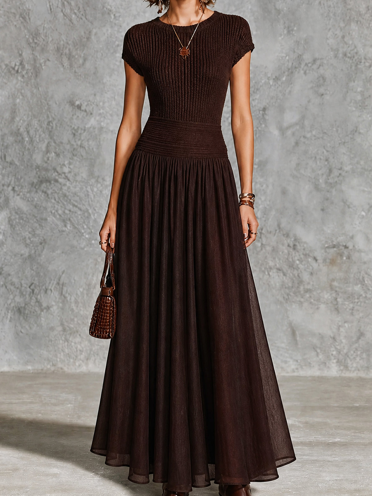 Chic Dark Brown Round Neck Cap Sleeve Patchwork Chiffon A-Line Slim-Fit Rib Knit Maxi Dress