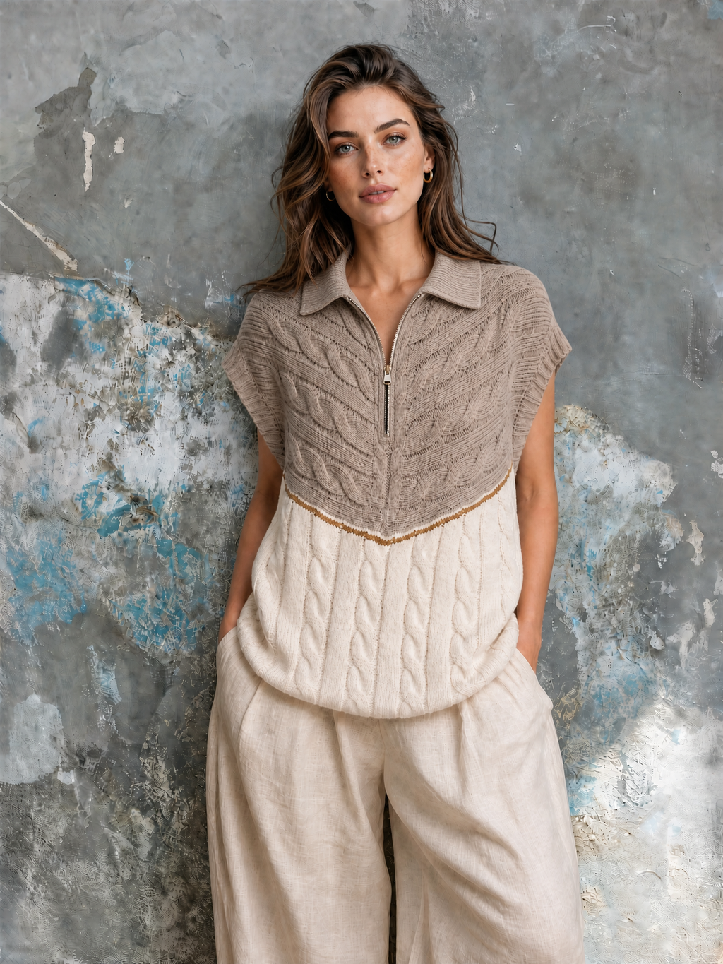 Chic Casual Camel-White Colorblock Lapel Half Zip Cap-Sleeve Loose-Fit Cable Knit Vest Top