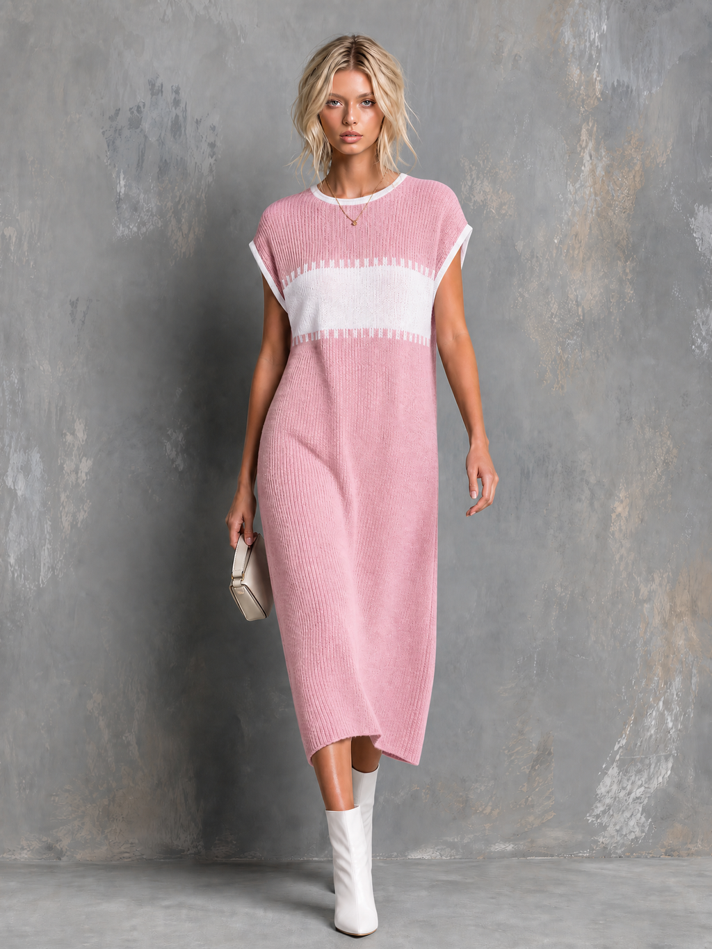 Chic Elegant Dusty Pink-White Colorblock Round Neck Cap Sleeve Loose-Fit Knit Midi Dress