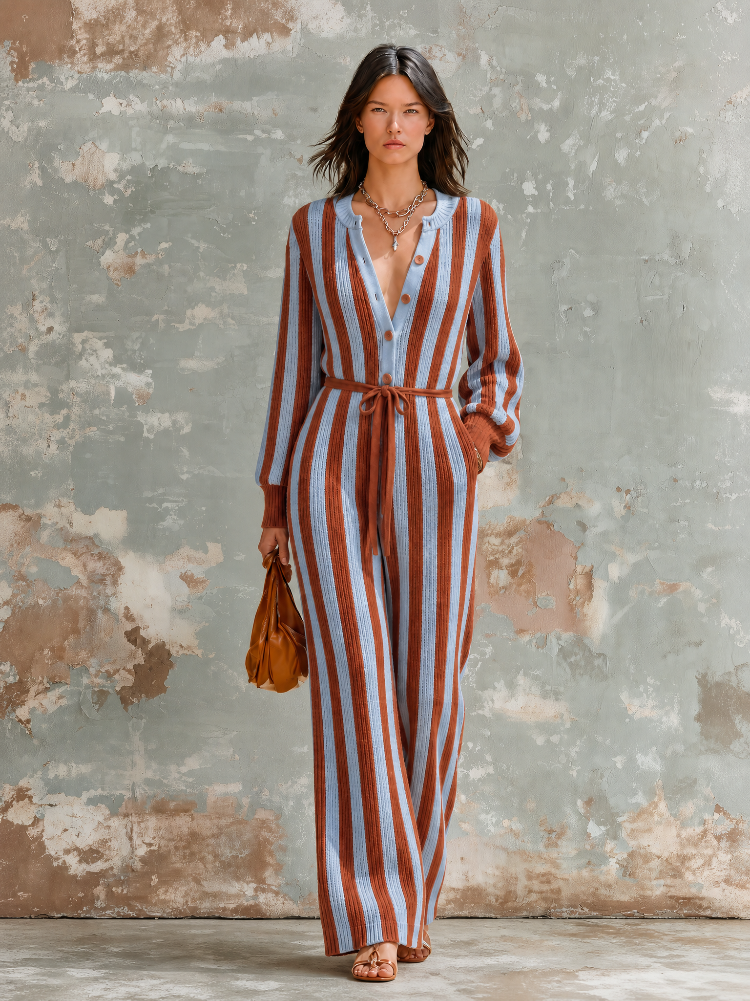 Chic Elegant Blue-Rust Stripes Button Front Long Sleeve Tie Waist Loose-Fit Knit Wide-Leg Jumpsuit