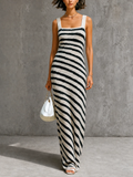 Chic Elegant Off White-Black Stripes Wide Strap Square Neck Sleeveless Slim-Fit Knit Maxi Dress