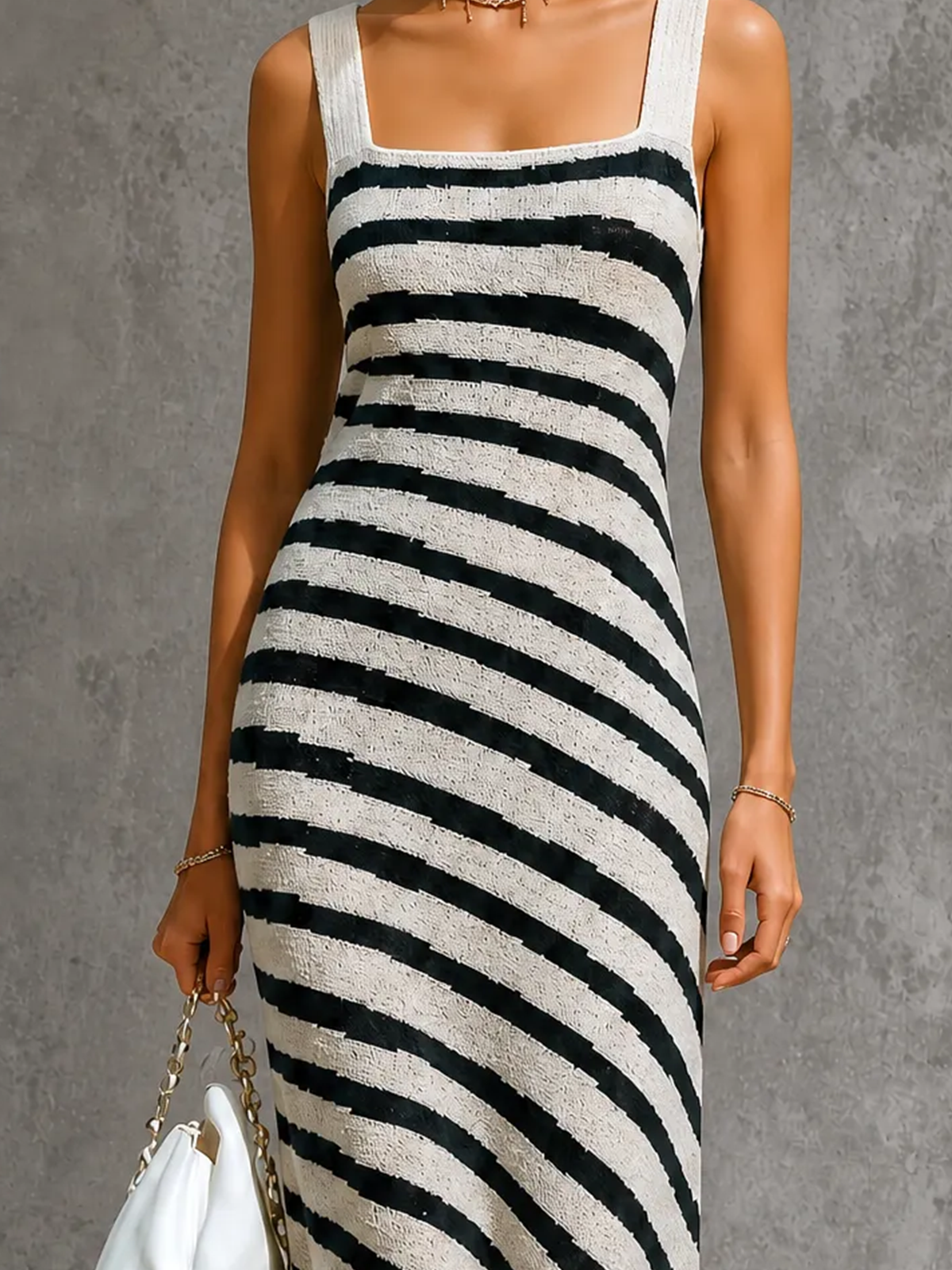 Chic Elegant Off White-Black Stripes Wide Strap Square Neck Sleeveless Slim-Fit Knit Maxi Dress