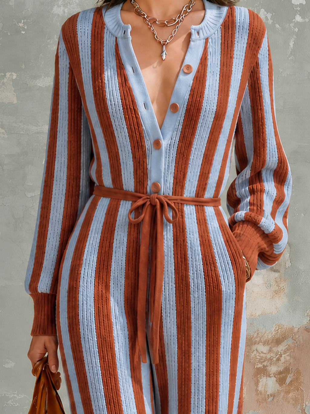 Chic Elegant Blue-Rust Stripes Button Front Long Sleeve Tie Waist Loose-Fit Knit Wide-Leg Jumpsuit