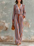 Chic Elegant Blue-Rust Stripes Button Front Long Sleeve Tie Waist Loose-Fit Knit Wide-Leg Jumpsuit