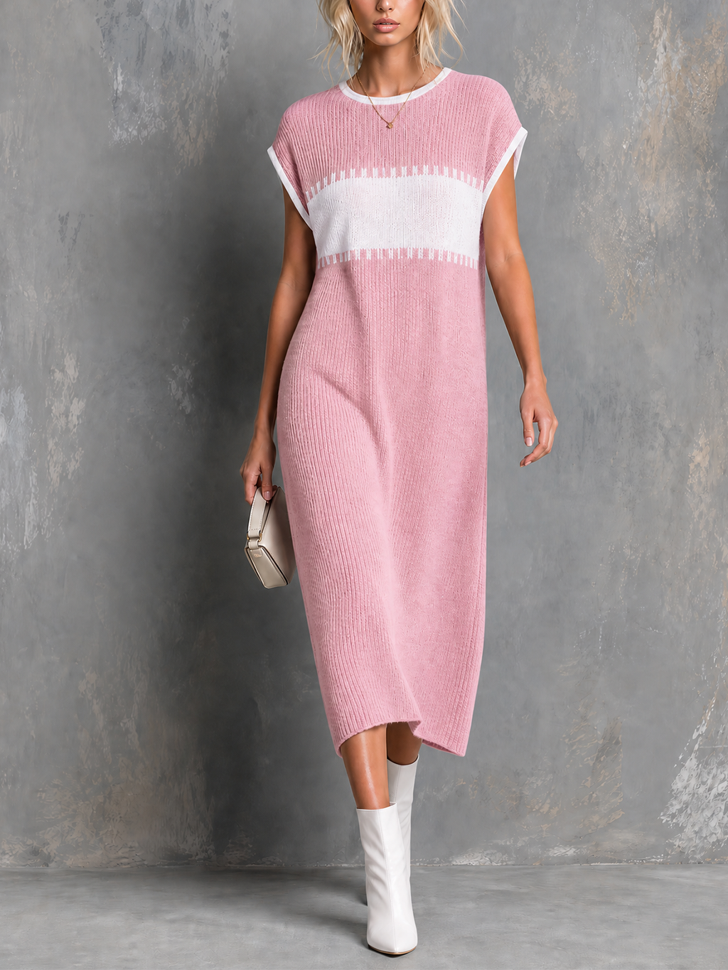 Chic Elegant Dusty Pink-White Colorblock Round Neck Cap Sleeve Loose-Fit Knit Midi Dress