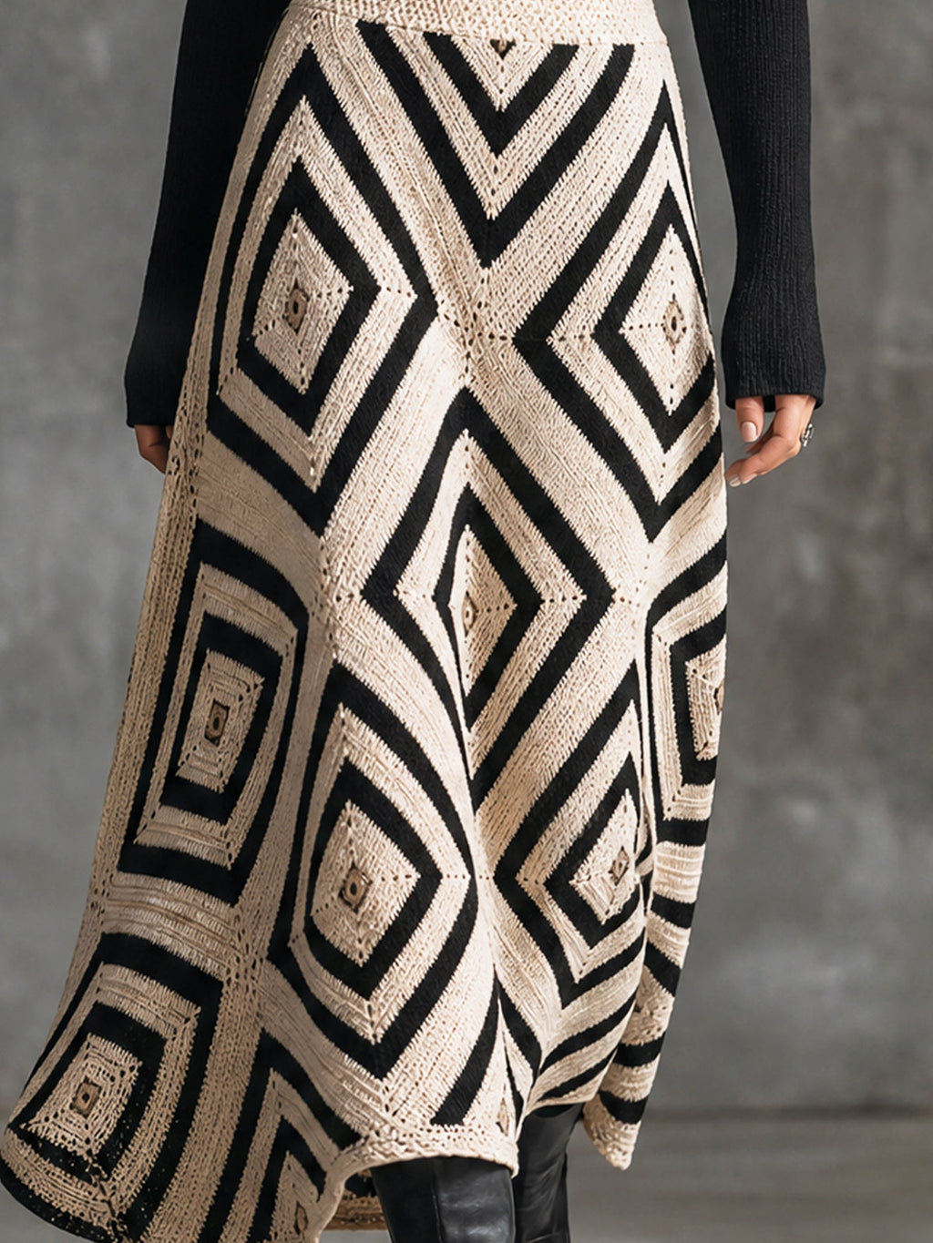 Chic Bohemian Cream-Black Colorblock Geometric Diamond Jacquard High Waist A-Line Knit Long Skirt
