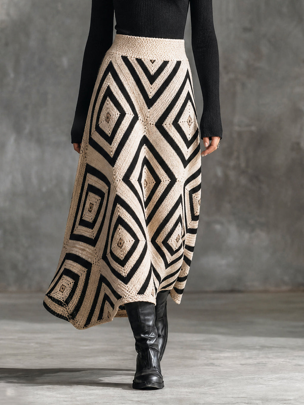 Chic Bohemian Cream-Black Colorblock Geometric Diamond Jacquard High Waist A-Line Knit Long Skirt