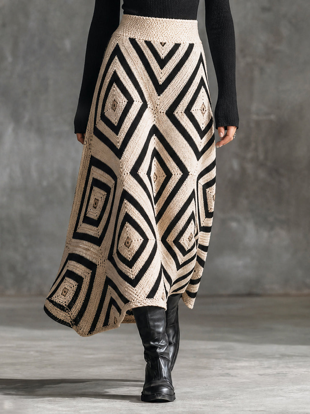 Chic Bohemian Cream-Black Colorblock Geometric Diamond Jacquard High Waist A-Line Knit Long Skirt