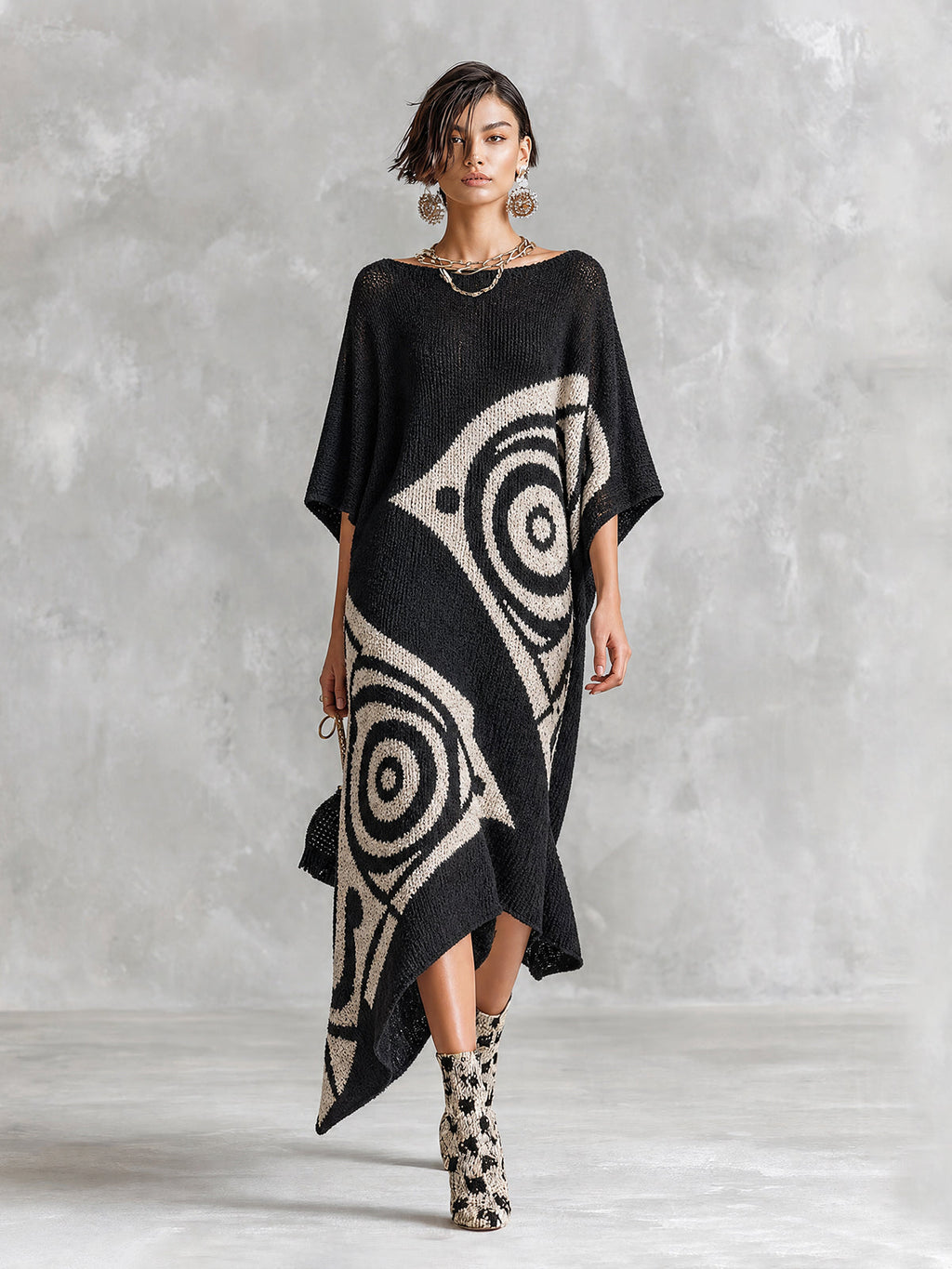 Chic Artistic Black-White Colorblock Boat Neck Batwing Half Sleeve Irregular Jacquard Asymmetrical Hem Loose-Fit Knit Maxi Dress