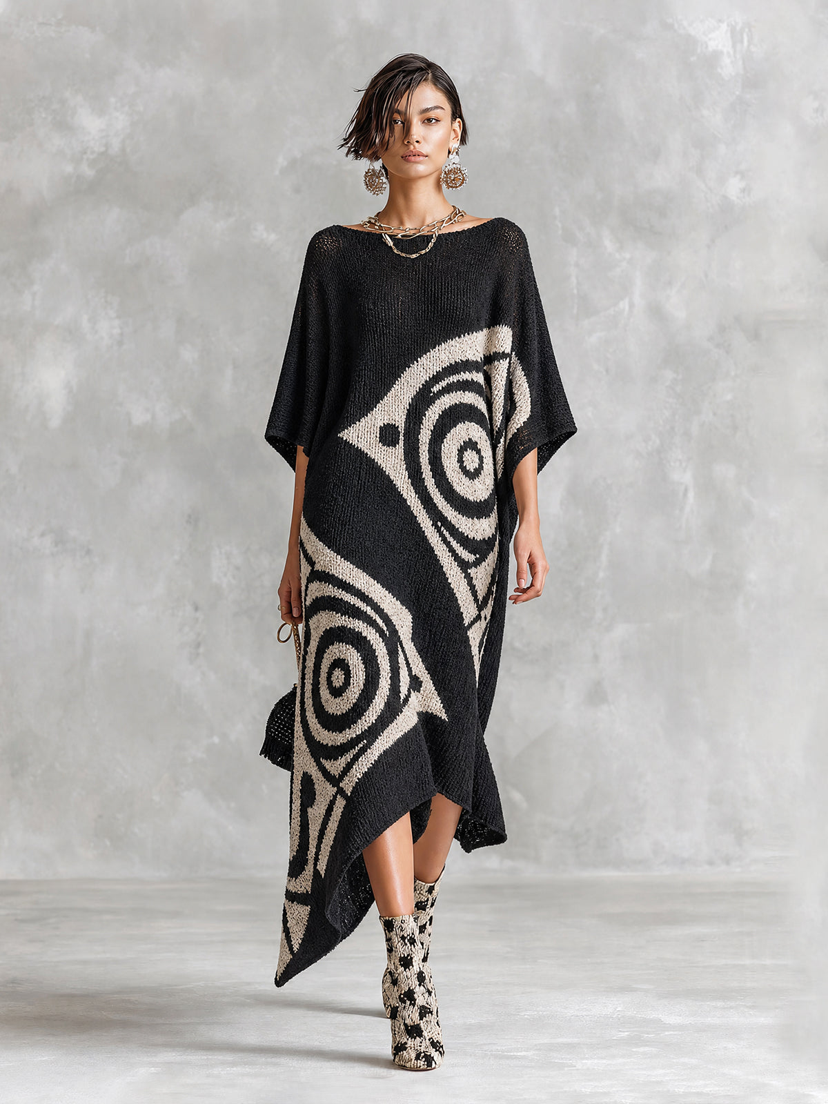 Chic Artistic Black-White Colorblock Boat Neck Batwing Half Sleeve Irregular Jacquard Asymmetrical Hem Loose-Fit Knit Maxi Dress