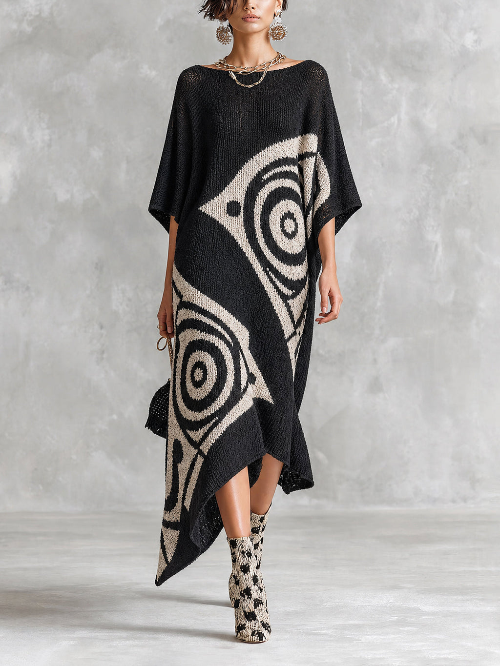 Chic Artistic Black-White Colorblock Boat Neck Batwing Half Sleeve Irregular Jacquard Asymmetrical Hem Loose-Fit Knit Maxi Dress