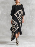 Chic Artistic Black-White Colorblock Boat Neck Batwing Half Sleeve Irregular Jacquard Asymmetrical Hem Loose-Fit Knit Maxi Dress