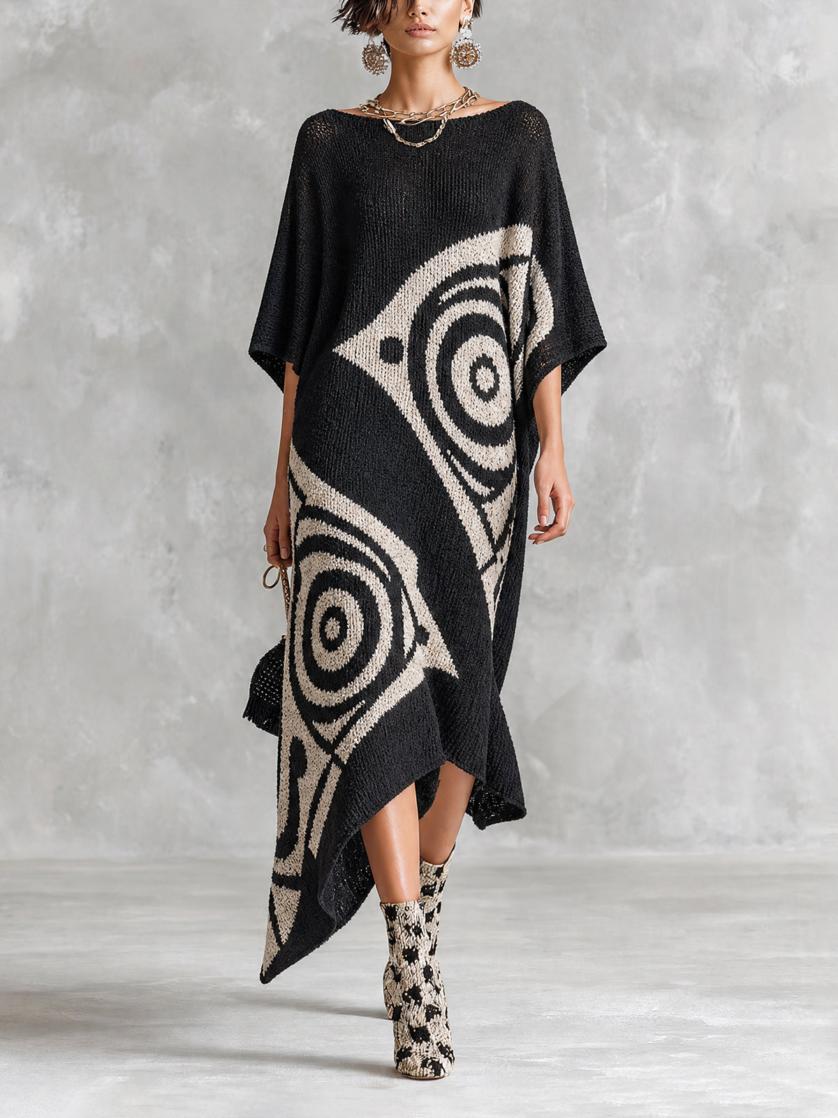 Chic Artistic Black-White Colorblock Boat Neck Batwing Half Sleeve Irregular Jacquard Asymmetrical Hem Loose-Fit Knit Maxi Dress