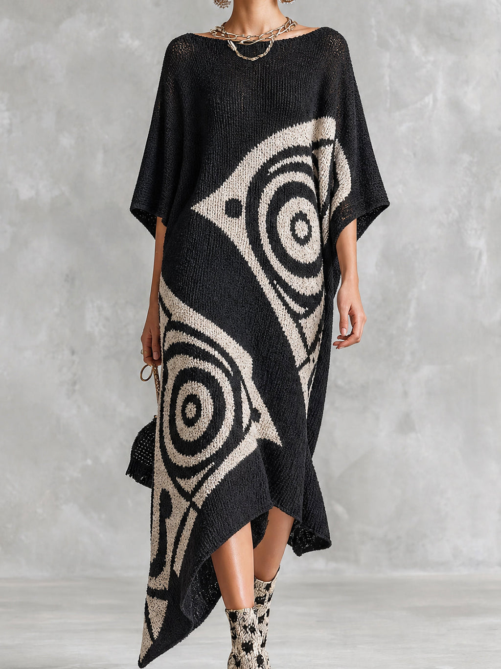 Chic Artistic Black-White Colorblock Boat Neck Batwing Half Sleeve Irregular Jacquard Asymmetrical Hem Loose-Fit Knit Maxi Dress