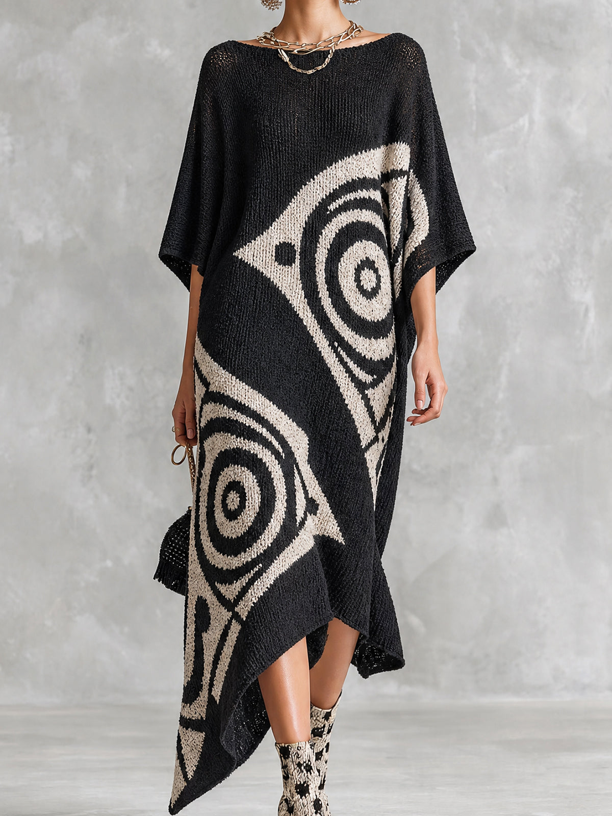 Chic Artistic Black-White Colorblock Boat Neck Batwing Half Sleeve Irregular Jacquard Asymmetrical Hem Loose-Fit Knit Maxi Dress