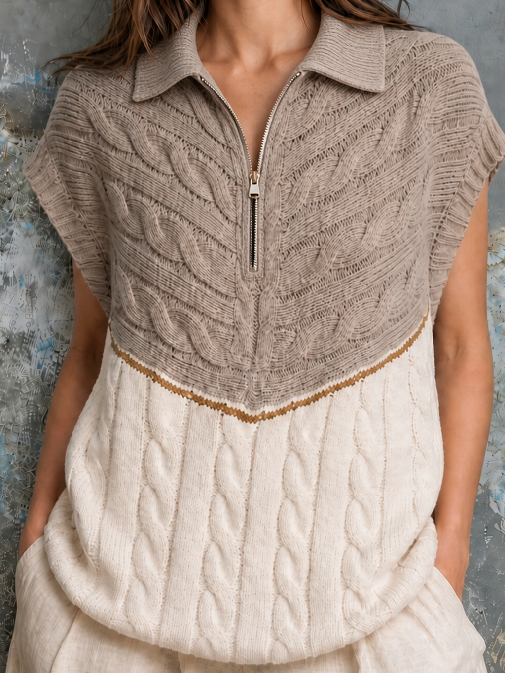 Chic Casual Camel-White Colorblock Lapel Half Zip Cap-Sleeve Loose-Fit Cable Knit Vest Top