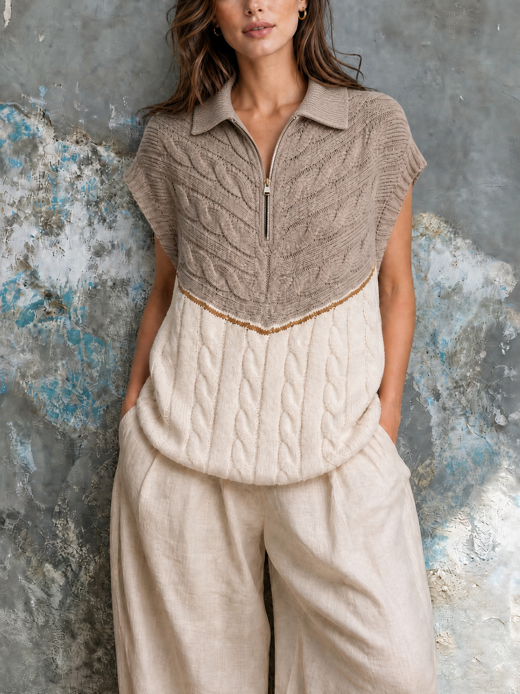 Chic Casual Camel-White Colorblock Lapel Half Zip Cap-Sleeve Loose-Fit Cable Knit Vest Top