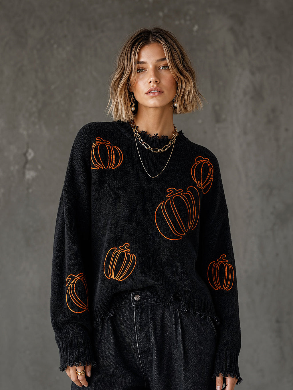 Halloween Black Round Neck Pumpkin Outline Embroidery Frayed Detail Long Sleeve Loose Fit Knit Sweater Top