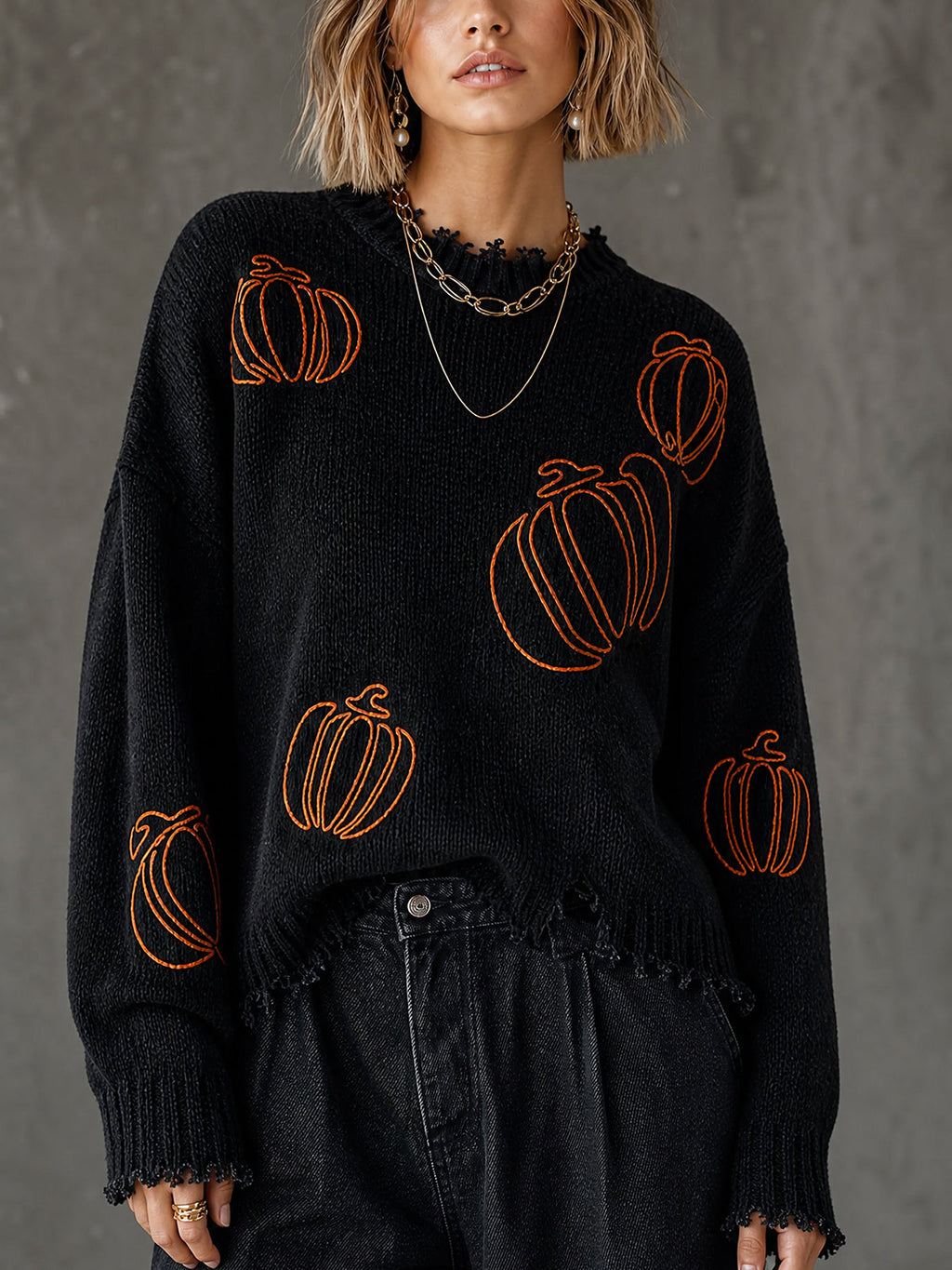Halloween Black Round Neck Pumpkin Outline Embroidery Frayed Detail Long Sleeve Loose Fit Knit Sweater Top