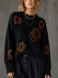 Halloween Black Round Neck Pumpkin Outline Embroidery Frayed Detail Long Sleeve Loose Fit Knit Sweater Top