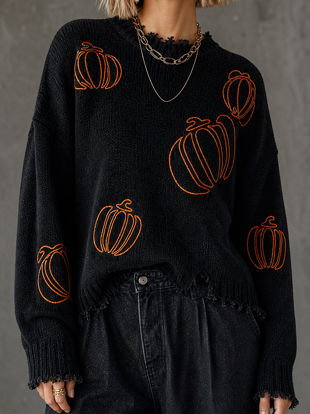 Halloween Black Round Neck Pumpkin Outline Embroidery Frayed Detail Long Sleeve Loose Fit Knit Sweater Top