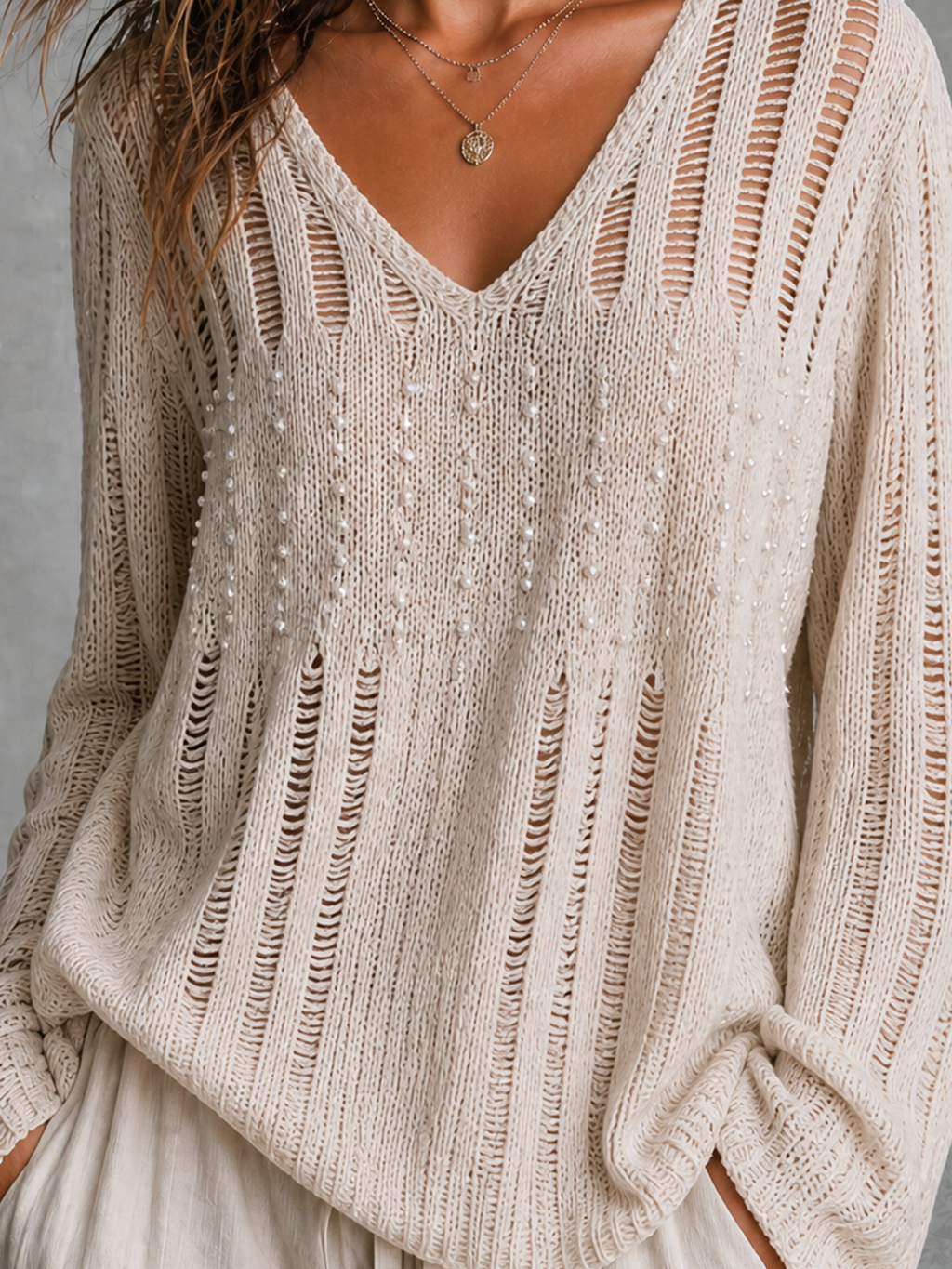 Chic Elegant Off White V-Neck Beaded Detail Long Sleeve Loose-Fit Hollow-Out Knit Sweater Top