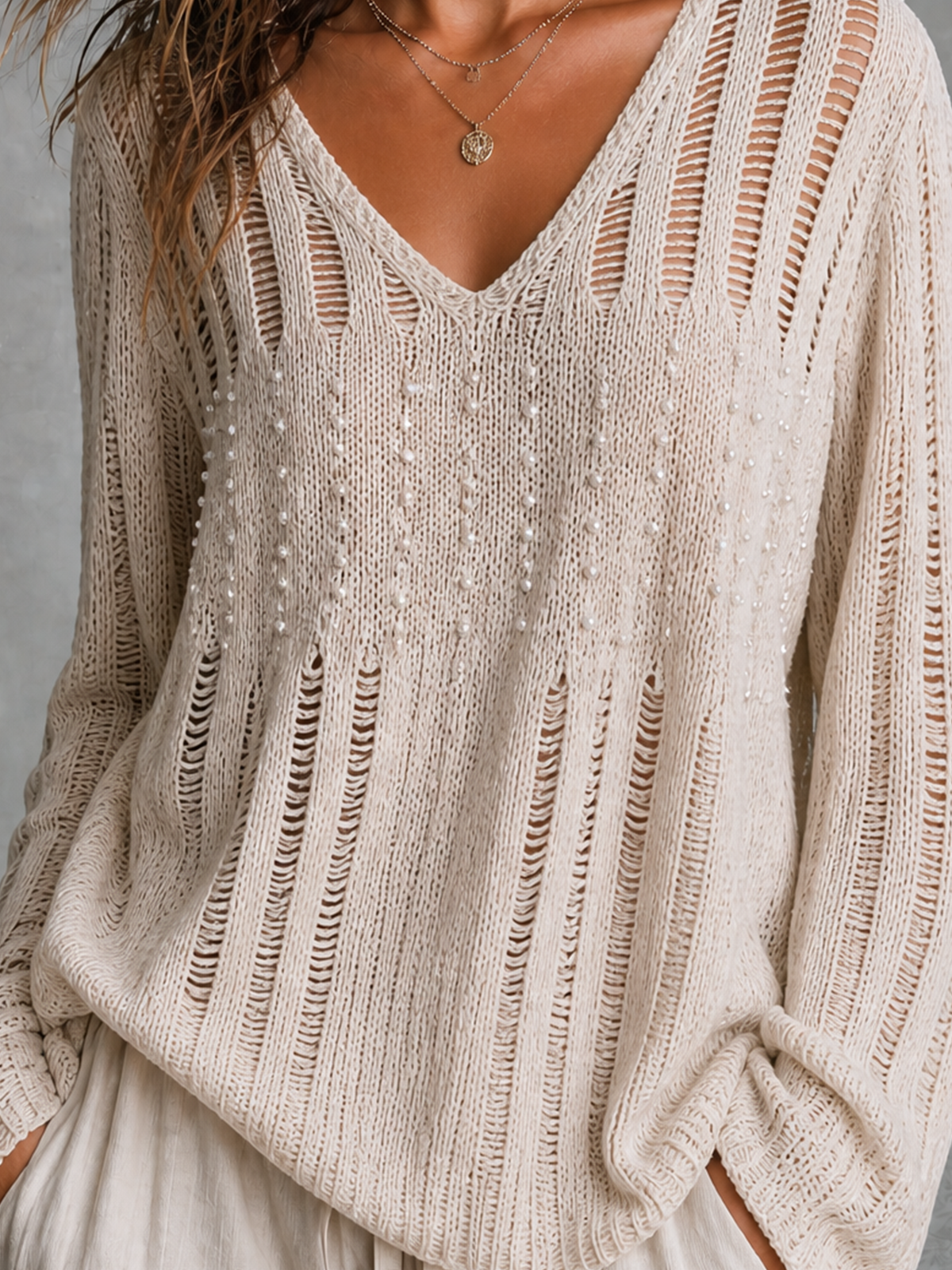 Chic Elegant Off White V-Neck Beaded Detail Long Sleeve Loose-Fit Hollow-Out Knit Sweater Top