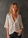 French Effortless Off White V-Neck Single-Breasted Half Sleeved Wavy Shaped Hollow Knit Cardigan Top