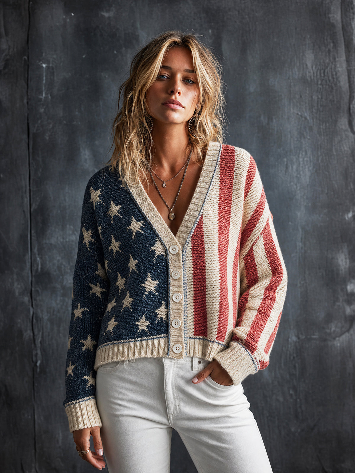 Vintage USA Flag Navy-Red-Beige Colorblock V-Neck Single-Breasted Long Sleeve Star Striped Jacquard Loose Fit Knit Cardigan Top