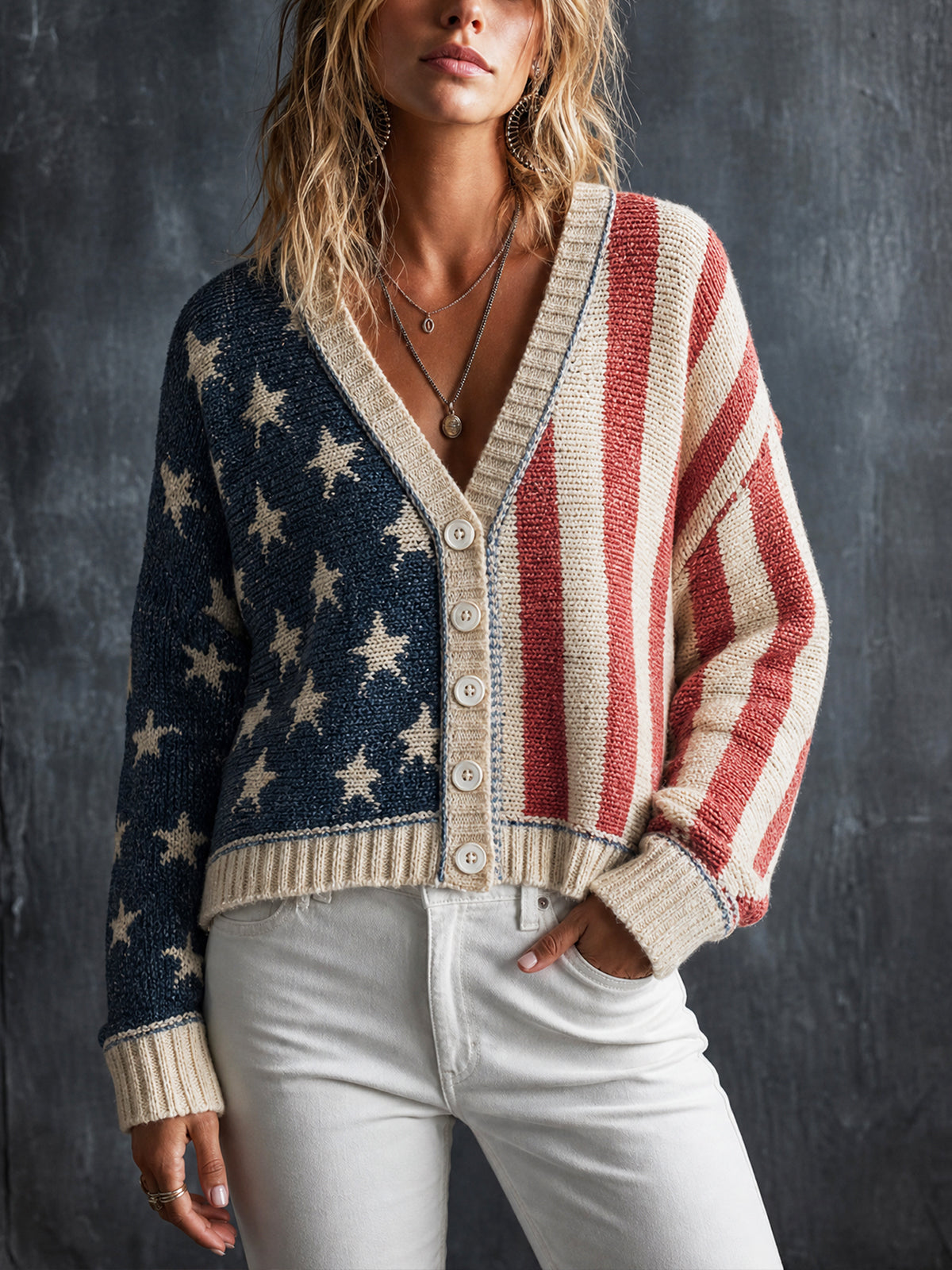 Vintage USA Flag Navy-Red-Beige Colorblock V-Neck Single-Breasted Long Sleeve Star Striped Jacquard Loose Fit Knit Cardigan Top