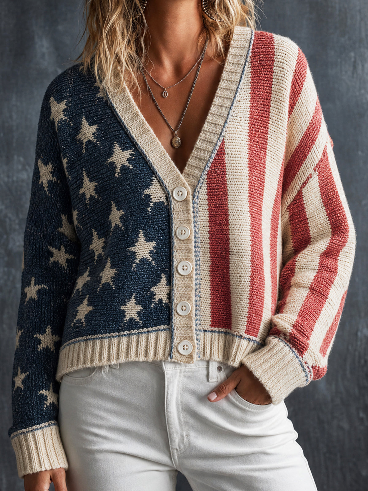 Vintage USA Flag Navy-Red-Beige Colorblock V-Neck Single-Breasted Long Sleeve Star Striped Jacquard Loose Fit Knit Cardigan Top