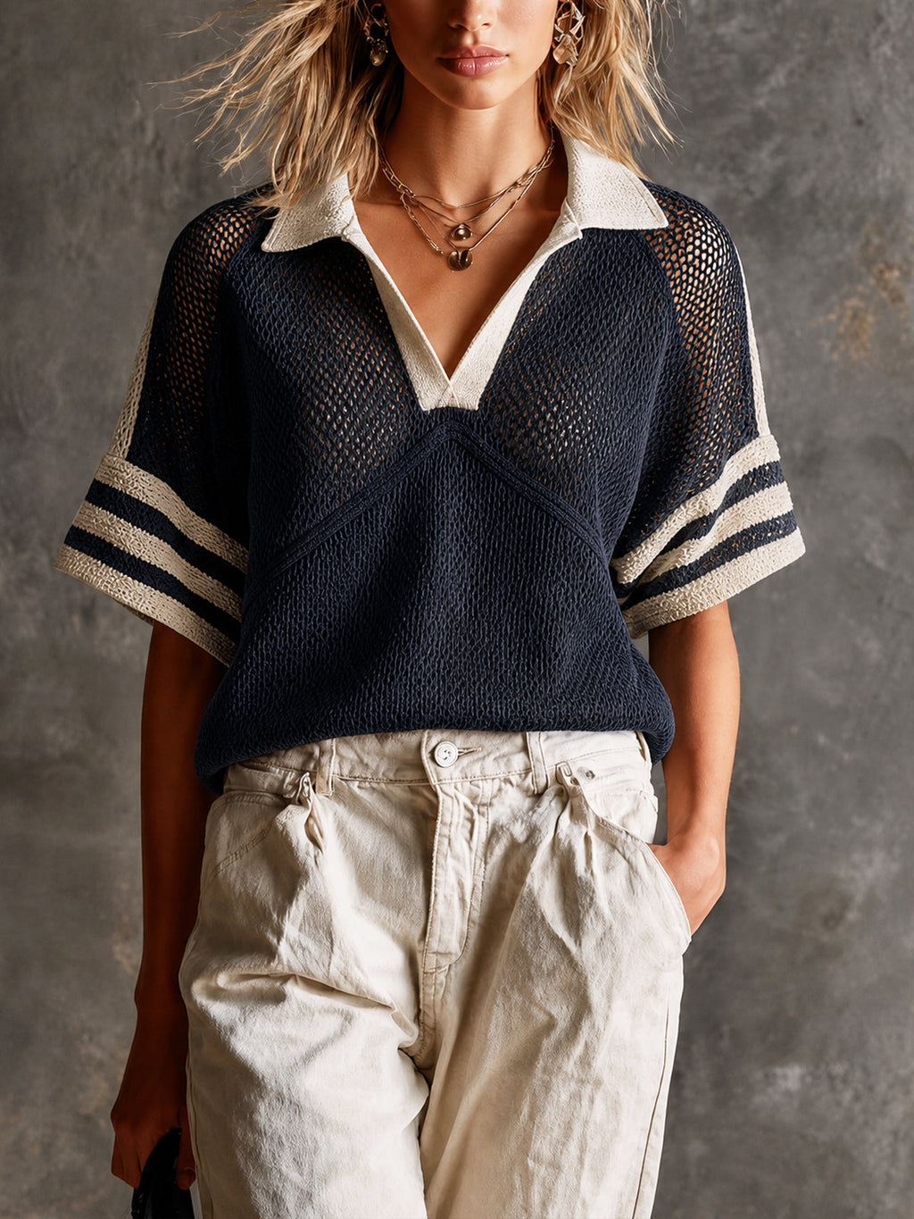 Chic Preppy Navy-Beige Colorblock Stripes Polor Half Raglan Sleeve Loose-Fit Hollow Knit Sweater Top