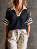 Chic Preppy Navy-Beige Colorblock Stripes Polor Half Raglan Sleeve Loose-Fit Hollow Knit Sweater Top