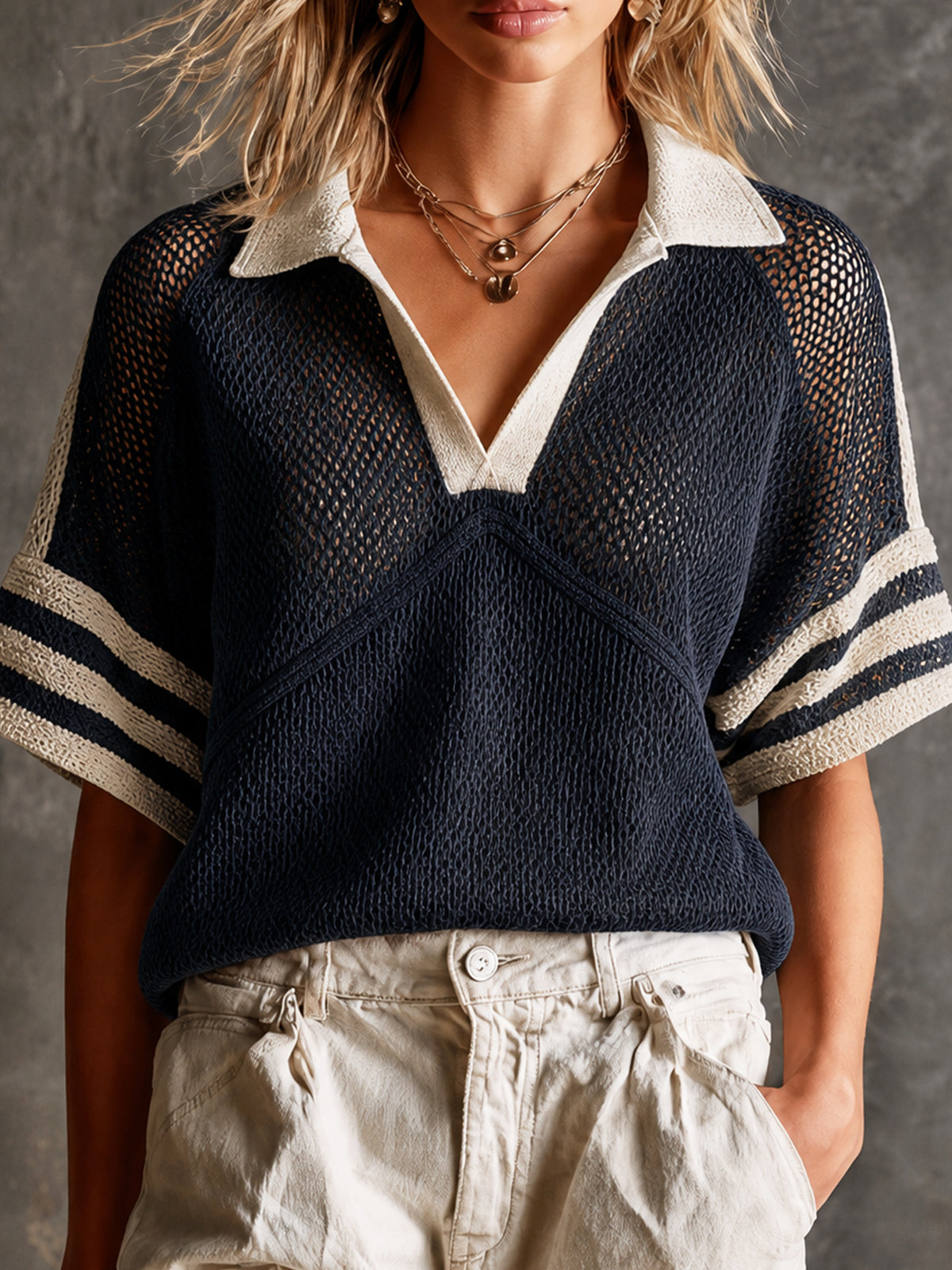 Chic Preppy Navy-Beige Colorblock Stripes Polor Half Raglan Sleeve Loose-Fit Hollow Knit Sweater Top