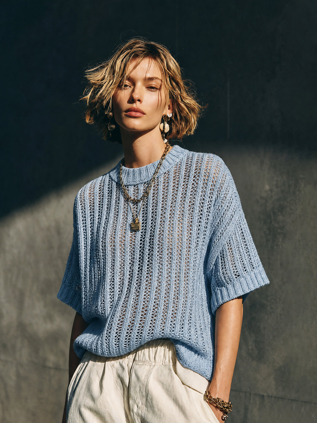 Chic Casual Light Blue Round Neck Half Sleeve Loose-Fit Vertical Hollow Rib Knit Sweater Top