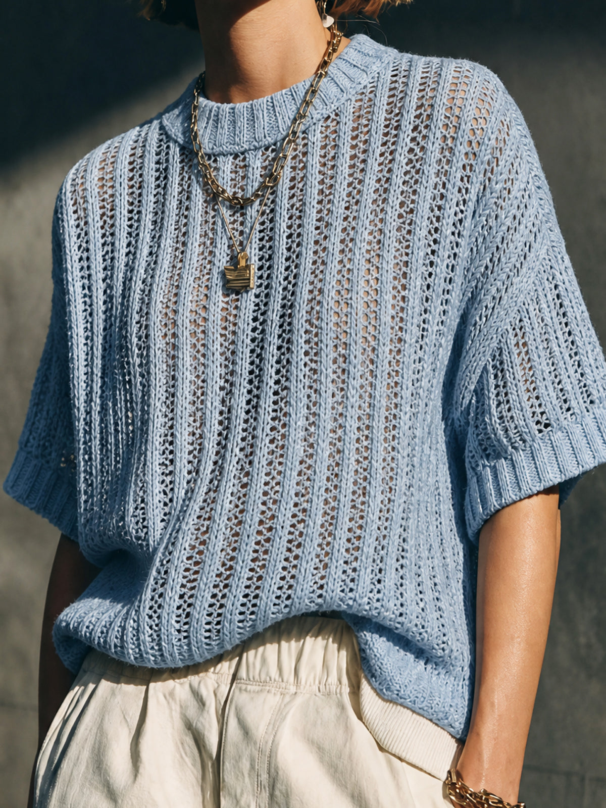 Chic Casual Light Blue Round Neck Half Sleeve Loose-Fit Vertical Hollow Rib Knit Sweater Top