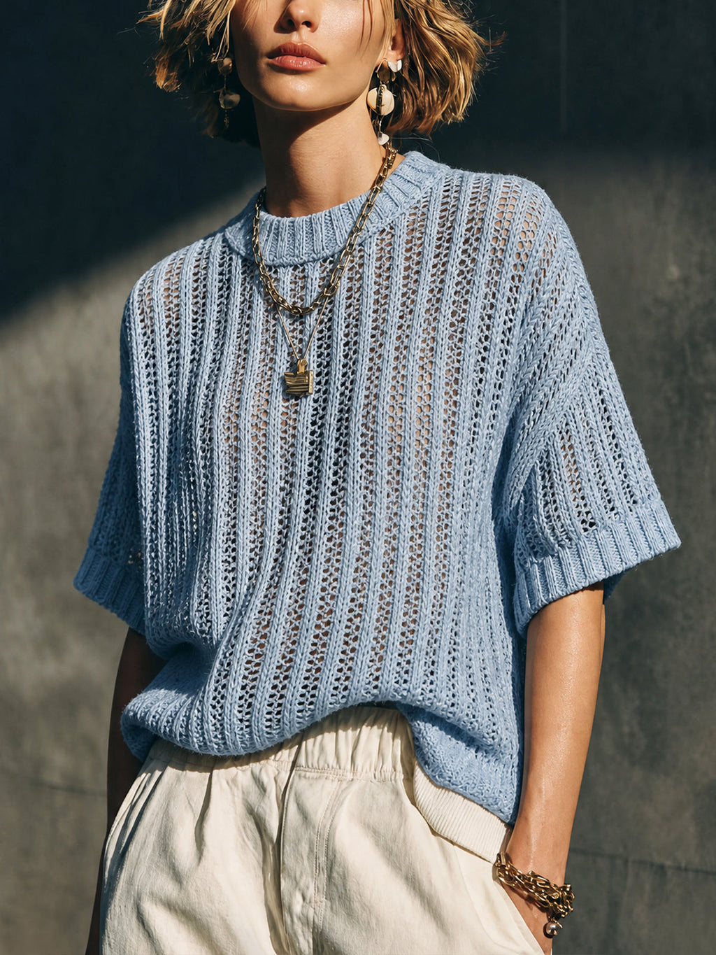 Chic Casual Light Blue Round Neck Half Sleeve Loose-Fit Vertical Hollow Rib Knit Sweater Top